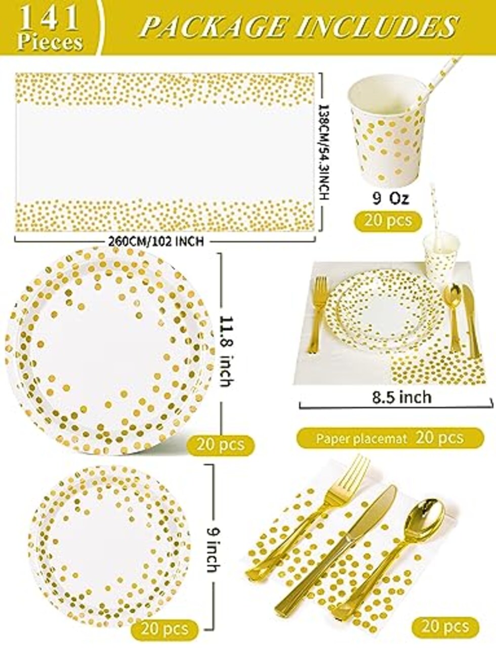 141 Pieces White Gold Party Supplies, Party Dinnerware Sets Include Paper Plates Napkins Cups Silverware, for Wedding Bridal Shower Engagement Birthday Parties Decoration -20 Serves